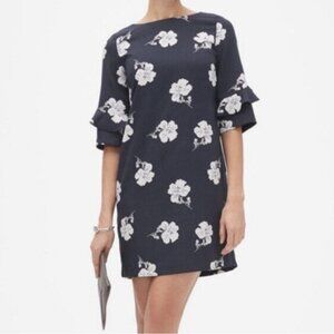 Banana Republic Navy Blue White Frills Ruffle Sleeves Floral Midi Dress